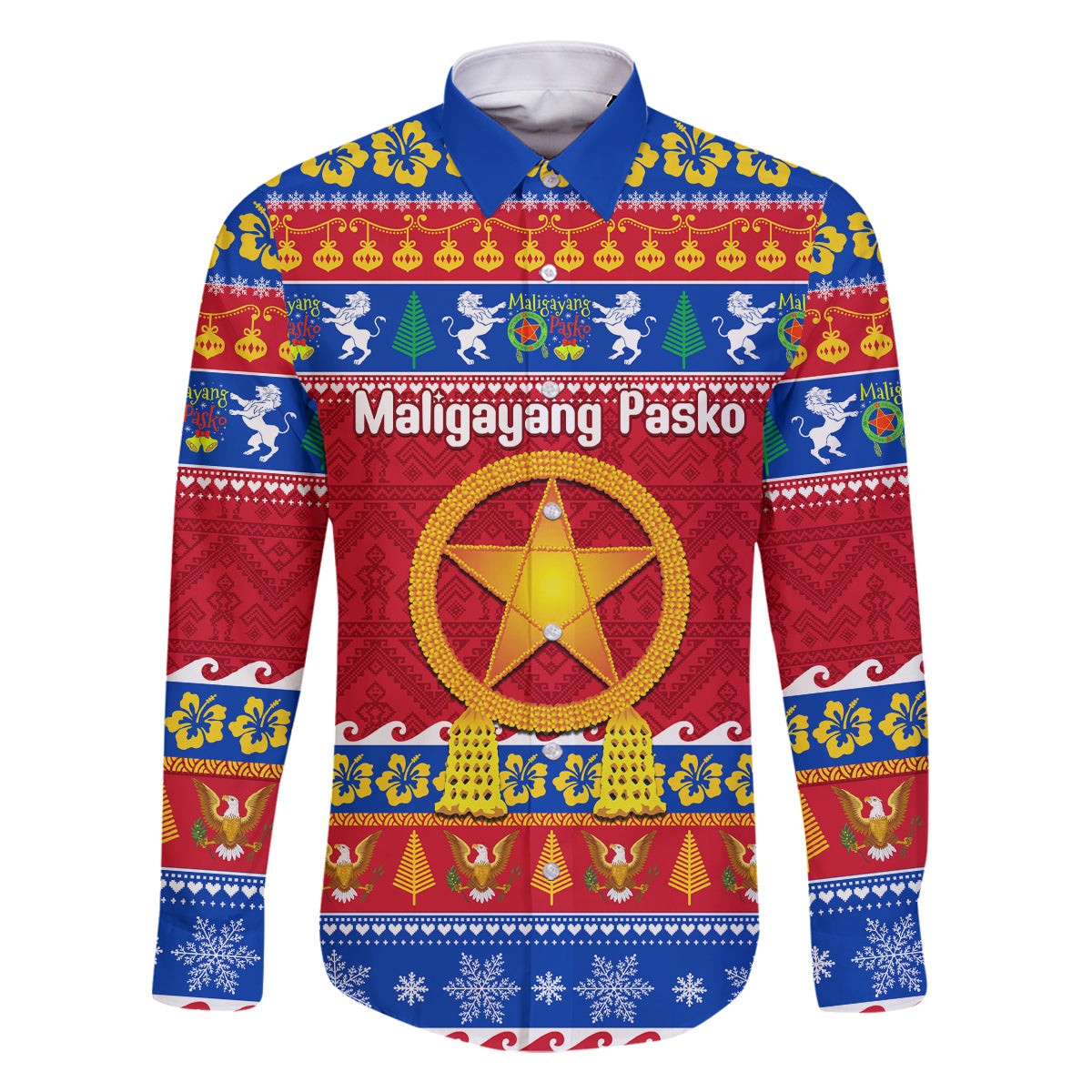Custom Philippines Christmas Family Matching Mermaid Dress and Hawaiian Shirt Filipino Parol Maligayang Pasko LT14 Dad's Shirt - Long Sleeve Blue - Polynesian Pride