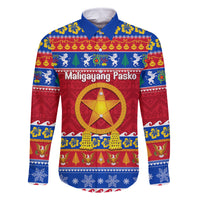 Custom Philippines Christmas Family Matching Off Shoulder Short Dress and Hawaiian Shirt Filipino Parol Maligayang Pasko LT14 Dad's Shirt - Long Sleeve Blue - Polynesian Pride
