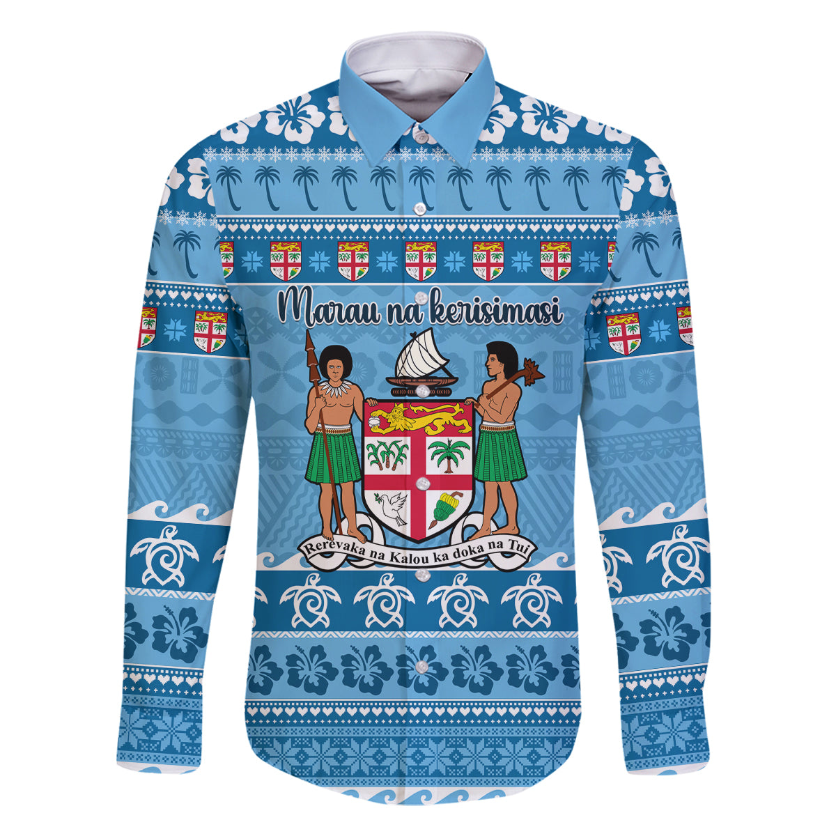 Custom Fiji Christmas Family Matching Off Shoulder Long Sleeve Dress and Hawaiian Shirt Fijian Tapa Marau na Kerisimasi LT14 Dad's Shirt - Long Sleeve Blue - Polynesian Pride