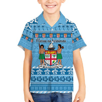 Custom Fiji Christmas Family Matching Off Shoulder Short Dress and Hawaiian Shirt Fijian Tapa Marau na Kerisimasi LT14 Son's Shirt Blue - Polynesian Pride