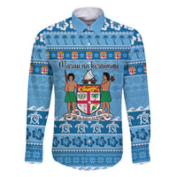 Custom Fiji Christmas Family Matching Tank Maxi Dress and Hawaiian Shirt Fijian Tapa Marau na Kerisimasi LT14 Dad's Shirt - Long Sleeve Blue - Polynesian Pride