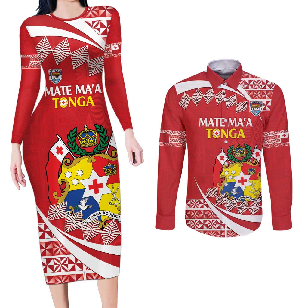 Custom Mate Maa Tonga Couples Matching Long Sleeve Bodycon Dress and Long Sleeve Button Shirt 2024 Go Champions