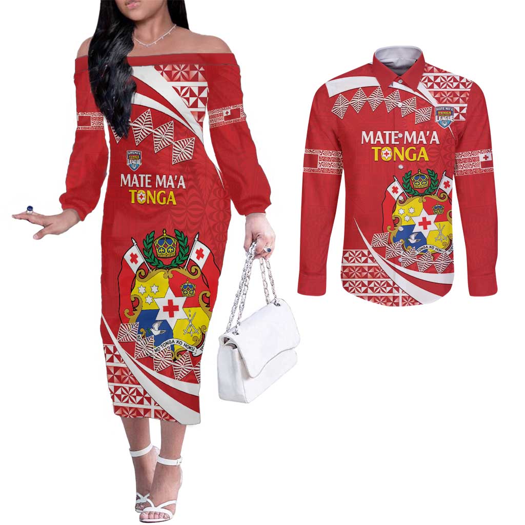 Custom Mate Maa Tonga Couples Matching Off The Shoulder Long Sleeve Dress and Long Sleeve Button Shirt 2024 Go Champions