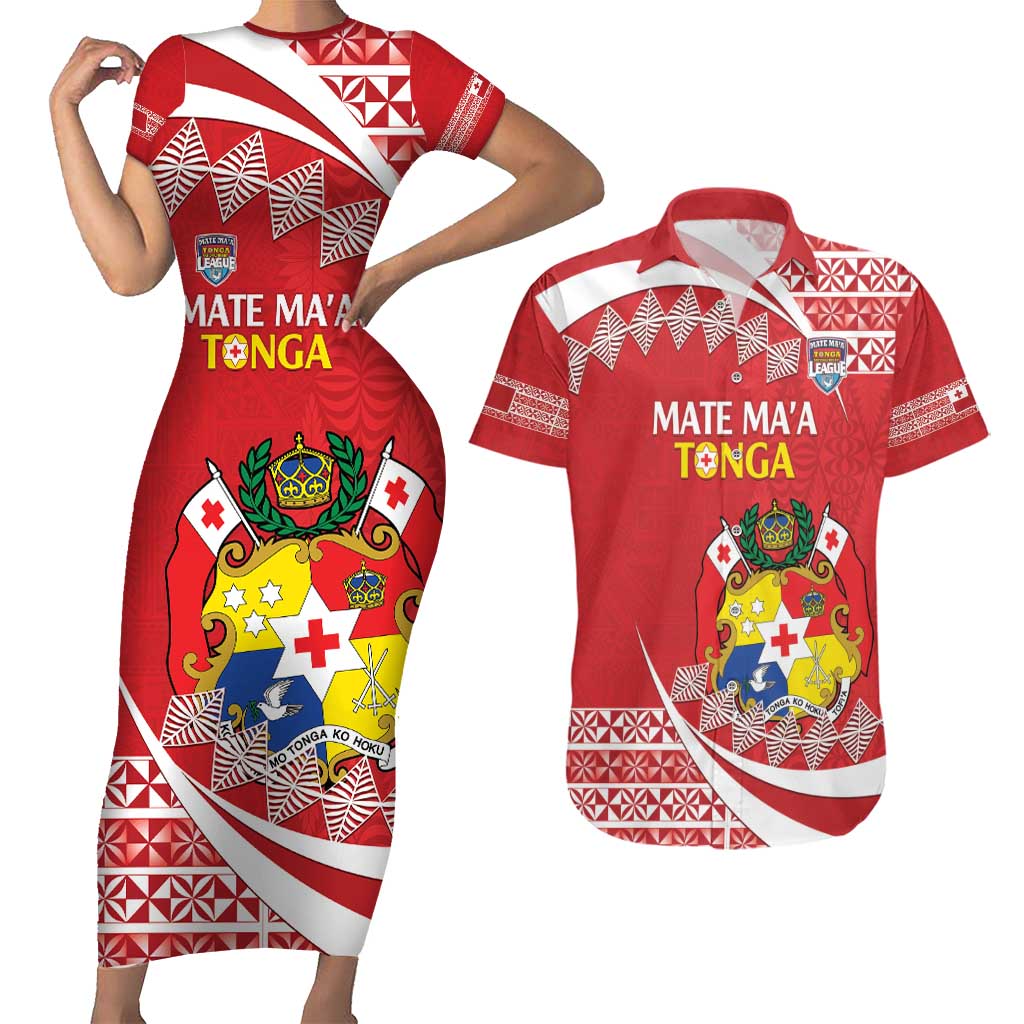 Custom Mate Maa Tonga Couples Matching Short Sleeve Bodycon Dress and Hawaiian Shirt 2024 Go Champions LT14 Red - Polynesian Pride