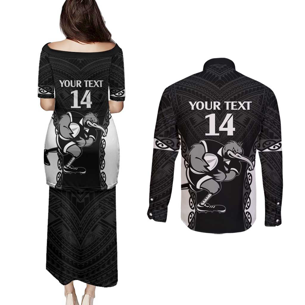 Aotearoa Rugby Custom Couples Matching Puletasi and Long Sleeve Button Shirt Maori Kiwi - Mascot Style