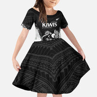 Aotearoa Rugby Custom Family Matching Long Sleeve Bodycon Dress and Hawaiian Shirt Maori Kiwi - Mascot Style LT14 Daughter's Dress Black - Polynesian Pride