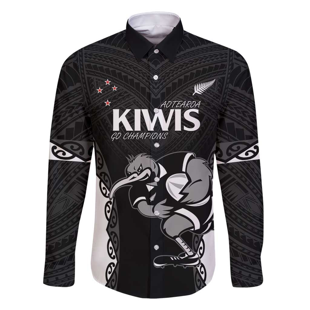 Aotearoa Rugby Custom Family Matching Long Sleeve Bodycon Dress and Hawaiian Shirt Maori Kiwi - Mascot Style LT14 Dad's Shirt - Long Sleeve Black - Polynesian Pride