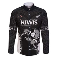 Aotearoa Rugby Custom Family Matching Long Sleeve Bodycon Dress and Hawaiian Shirt Maori Kiwi - Mascot Style LT14 Dad's Shirt - Long Sleeve Black - Polynesian Pride