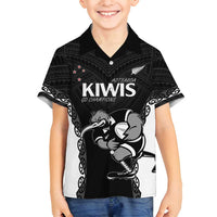 Aotearoa Rugby Custom Family Matching Long Sleeve Bodycon Dress and Hawaiian Shirt Maori Kiwi - Mascot Style LT14 Son's Shirt Black - Polynesian Pride