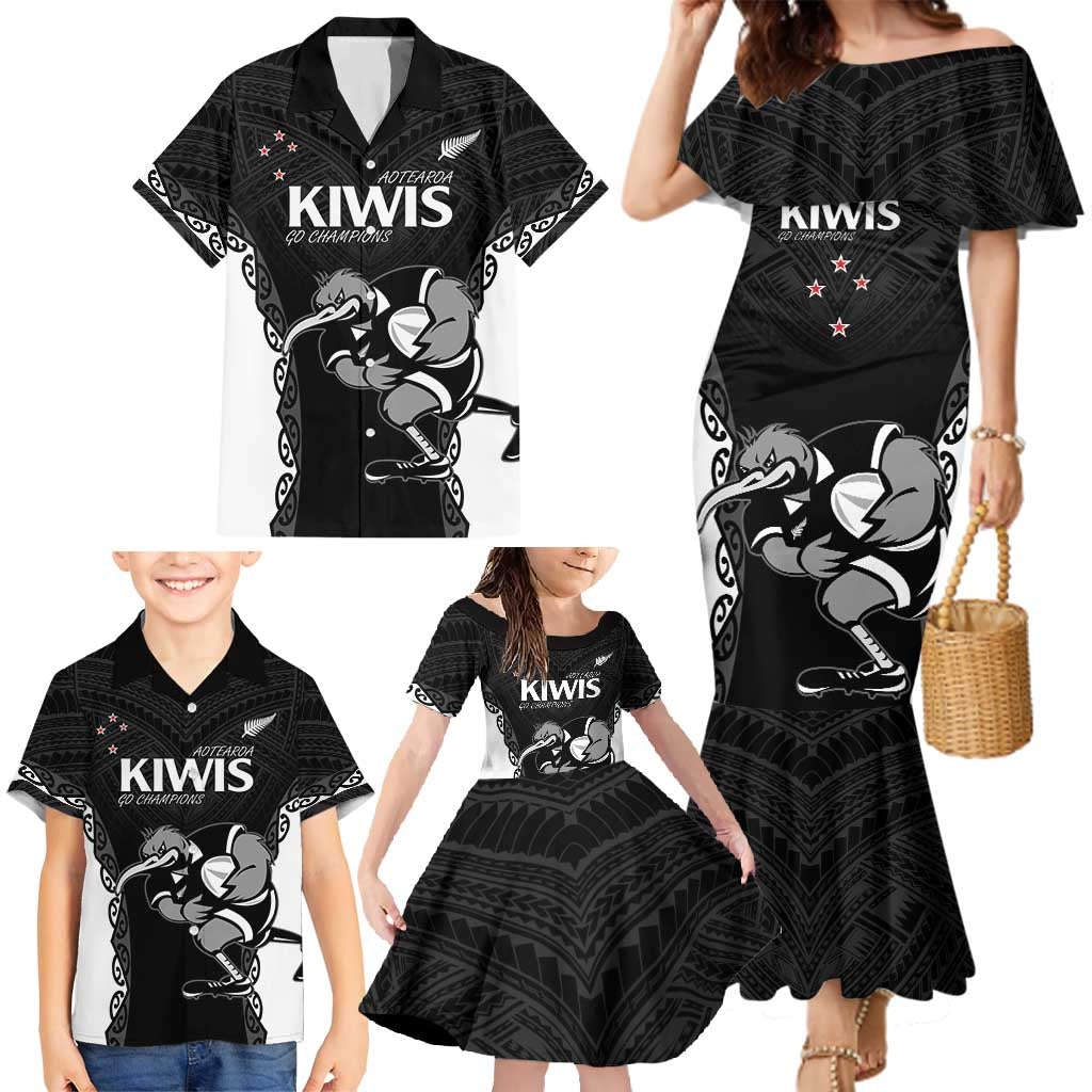 Aotearoa Rugby Custom Family Matching Mermaid Dress and Hawaiian Shirt Maori Kiwi - Mascot Style LT14 - Polynesian Pride