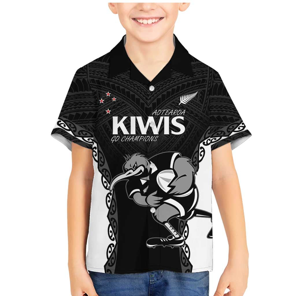 Aotearoa Rugby Custom Family Matching Mermaid Dress and Hawaiian Shirt Maori Kiwi - Mascot Style LT14 Son's Shirt Black - Polynesian Pride