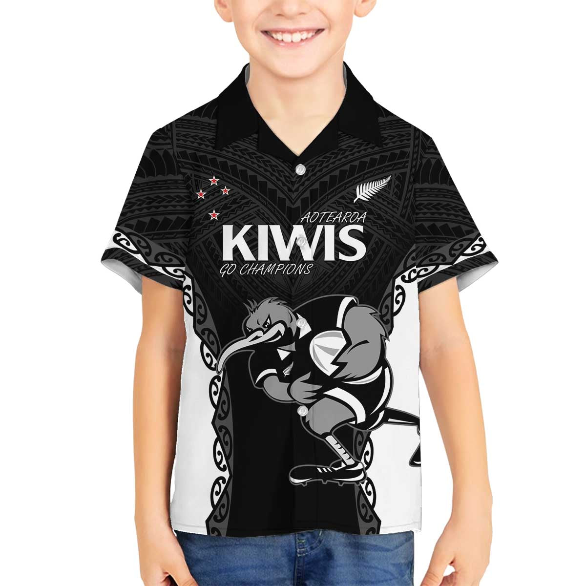 Aotearoa Rugby Custom Family Matching Off The Shoulder Long Sleeve Dress and Hawaiian Shirt Maori Kiwi - Mascot Style LT14 Son's Shirt Black - Polynesian Pride