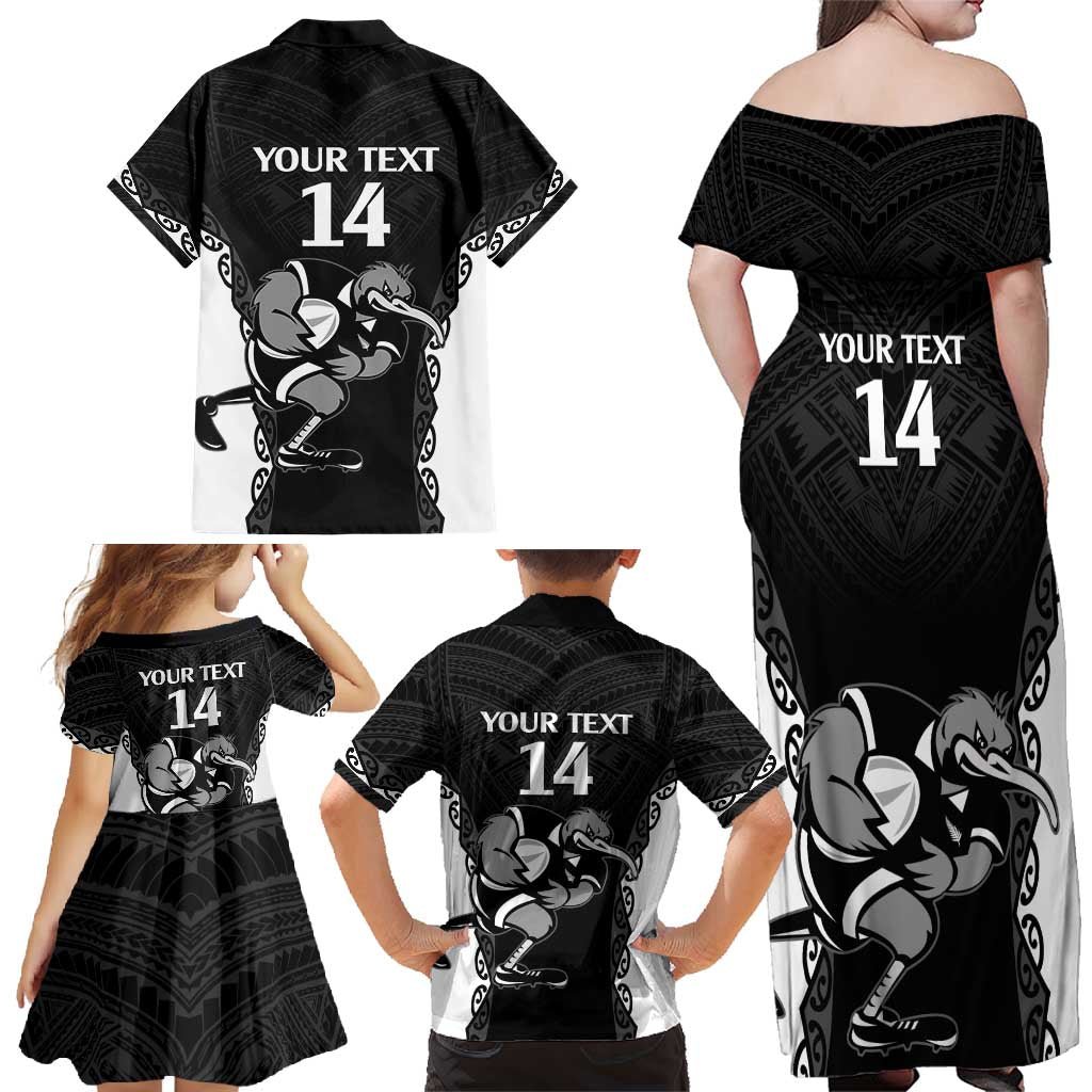 Aotearoa Rugby Custom Family Matching Off Shoulder Maxi Dress and Hawaiian Shirt Maori Kiwi - Mascot Style LT14 - Polynesian Pride