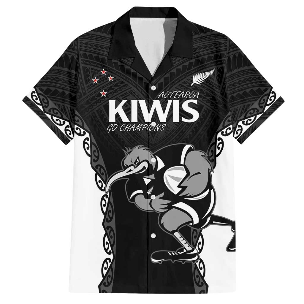 Aotearoa Rugby Custom Family Matching Off Shoulder Maxi Dress and Hawaiian Shirt Maori Kiwi - Mascot Style LT14 Dad's Shirt - Short Sleeve Black - Polynesian Pride