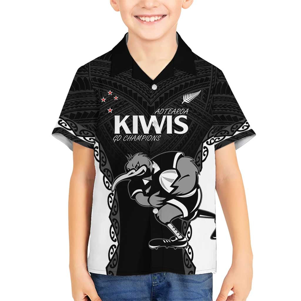 Aotearoa Rugby Custom Family Matching Off Shoulder Short Dress and Hawaiian Shirt Maori Kiwi - Mascot Style LT14 Son's Shirt Black - Polynesian Pride