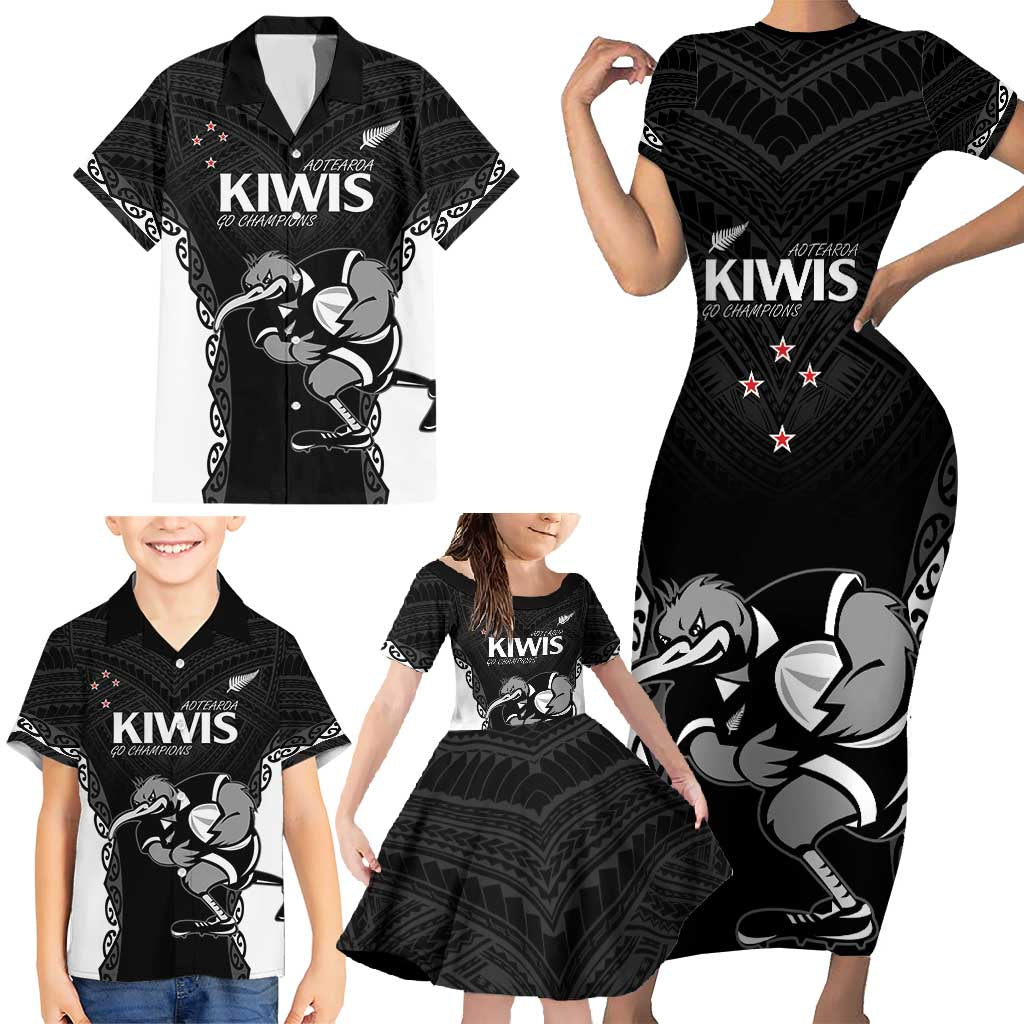 Aotearoa Rugby Custom Family Matching Short Sleeve Bodycon Dress and Hawaiian Shirt Maori Kiwi - Mascot Style LT14 - Polynesian Pride