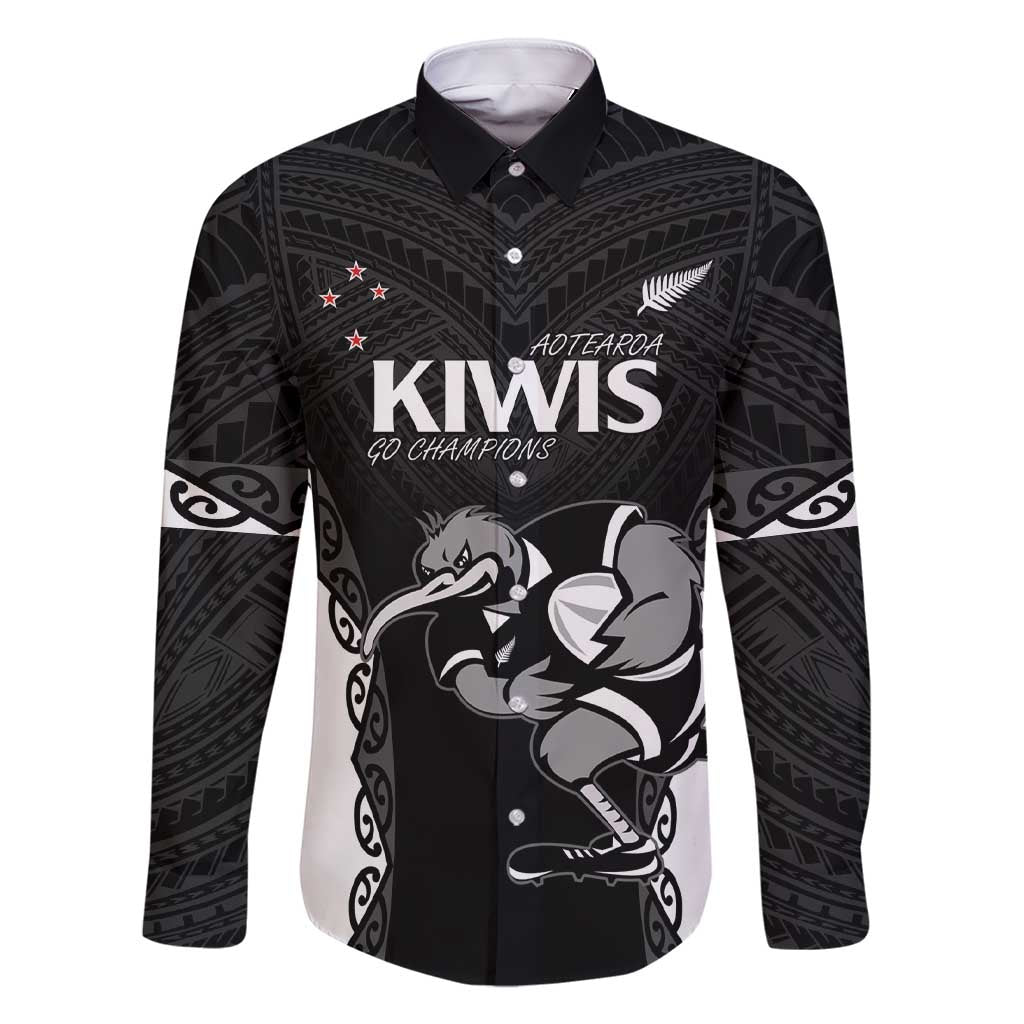 Aotearoa Rugby Custom Family Matching Short Sleeve Bodycon Dress and Hawaiian Shirt Maori Kiwi - Mascot Style LT14 Dad's Shirt - Long Sleeve Black - Polynesian Pride
