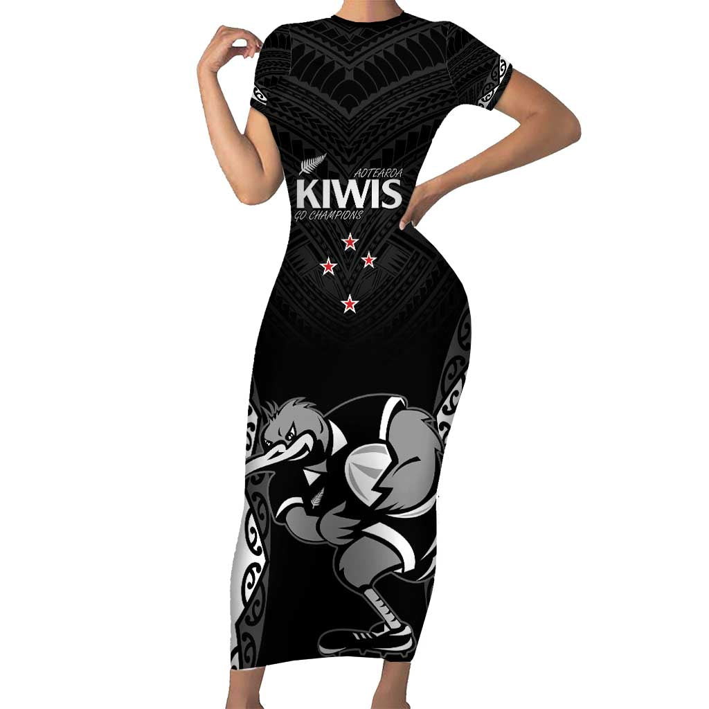 Aotearoa Rugby Custom Family Matching Short Sleeve Bodycon Dress and Hawaiian Shirt Maori Kiwi - Mascot Style LT14 Mom's Dress Black - Polynesian Pride