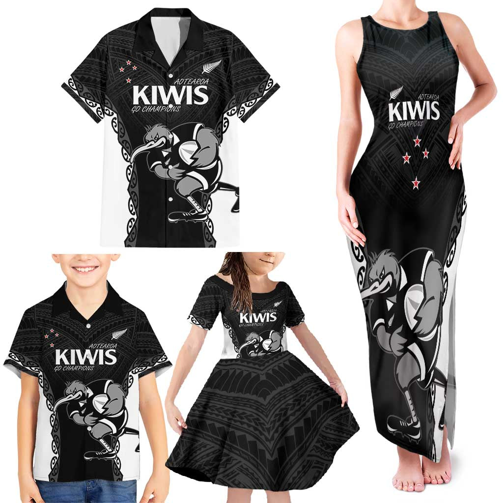 Aotearoa Rugby Custom Family Matching Tank Maxi Dress and Hawaiian Shirt Maori Kiwi - Mascot Style LT14 - Polynesian Pride