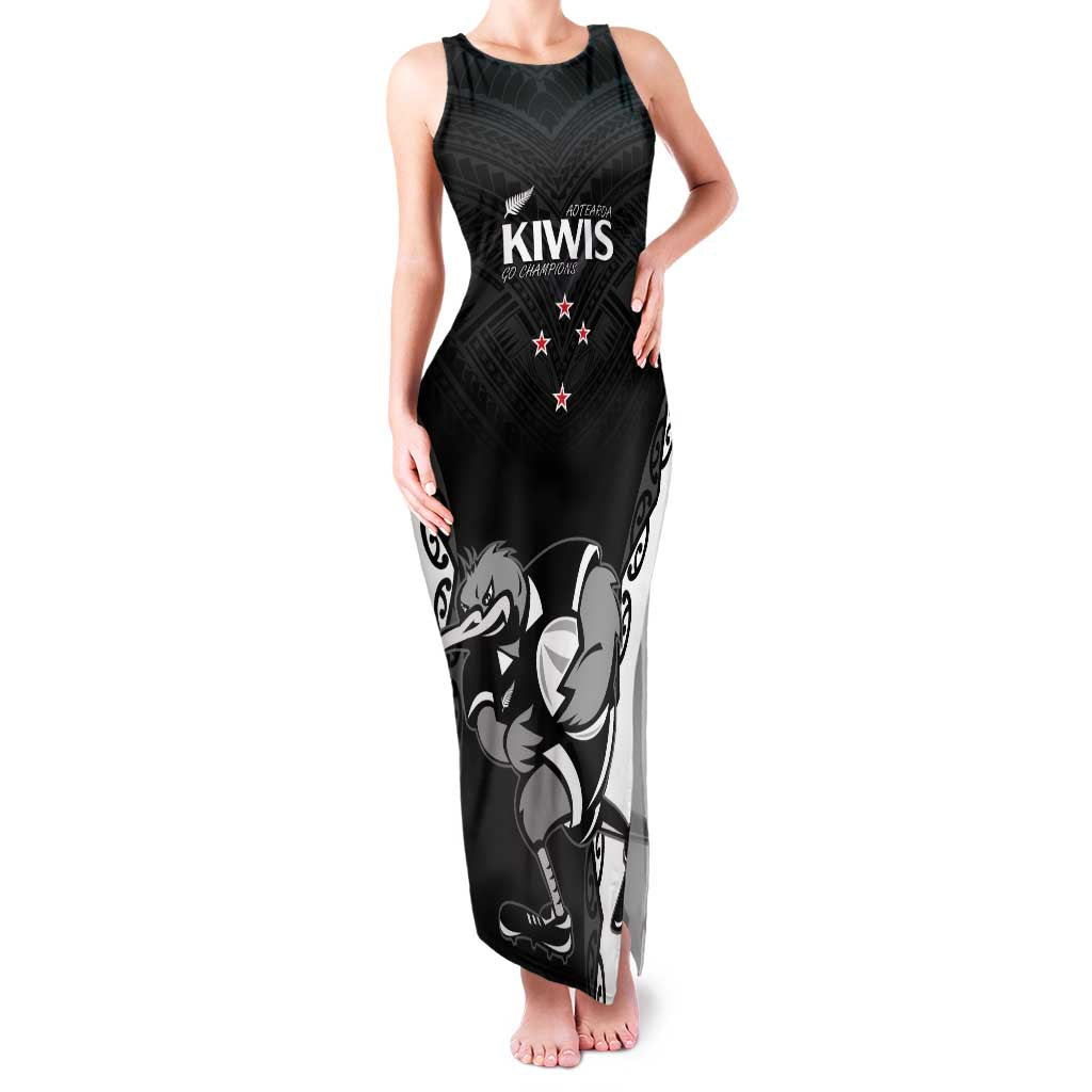 Aotearoa Rugby Custom Family Matching Tank Maxi Dress and Hawaiian Shirt Maori Kiwi - Mascot Style LT14 Mom's Dress Black - Polynesian Pride