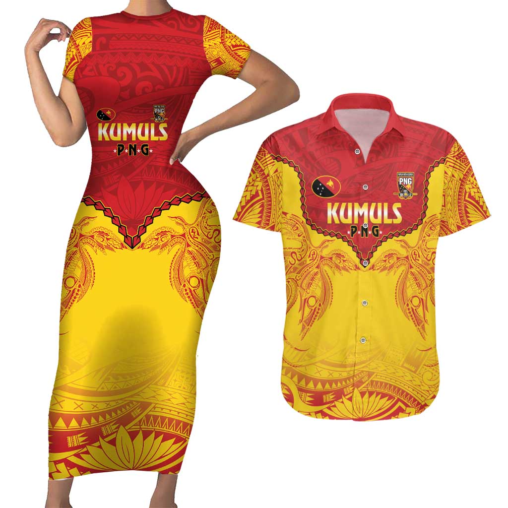 Papua New Guinea Rugby Custom Couples Matching Short Sleeve Bodycon Dress and Hawaiian Shirt Go Kumuls PNG - Polynesian Pattern LT14 Yellow - Polynesian Pride