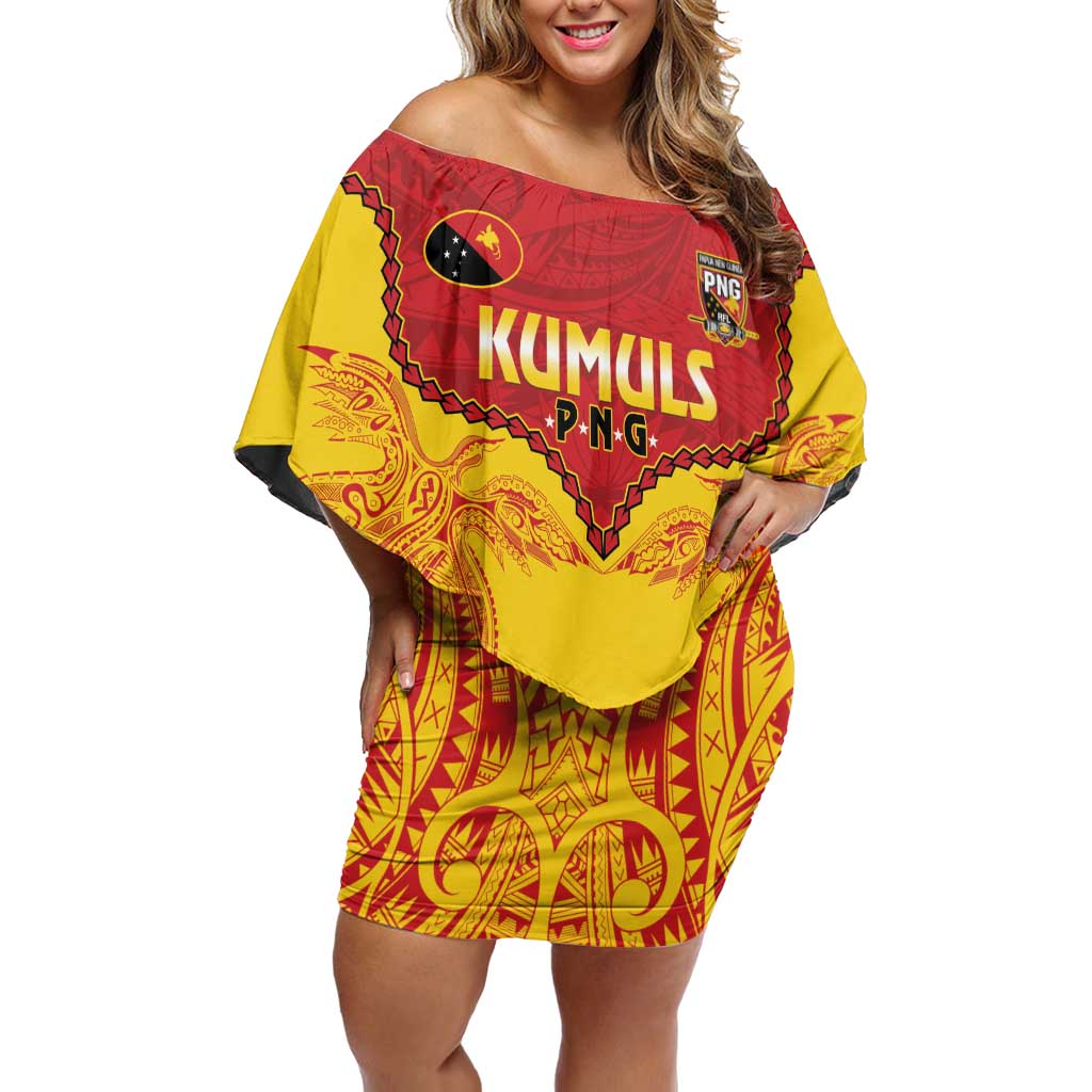 Papua New Guinea Rugby Custom Family Matching Off Shoulder Short Dress and Hawaiian Shirt Go Kumuls PNG - Polynesian Pattern LT14 Mom's Dress Yellow - Polynesian Pride