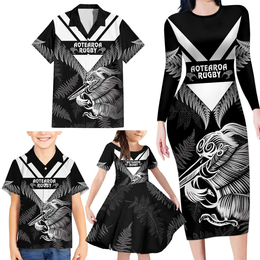 Aotearoa Silver Fern Rugby Custom Family Matching Long Sleeve Bodycon Dress and Hawaiian Shirt 2024 Go Kiwi LT14 - Polynesian Pride