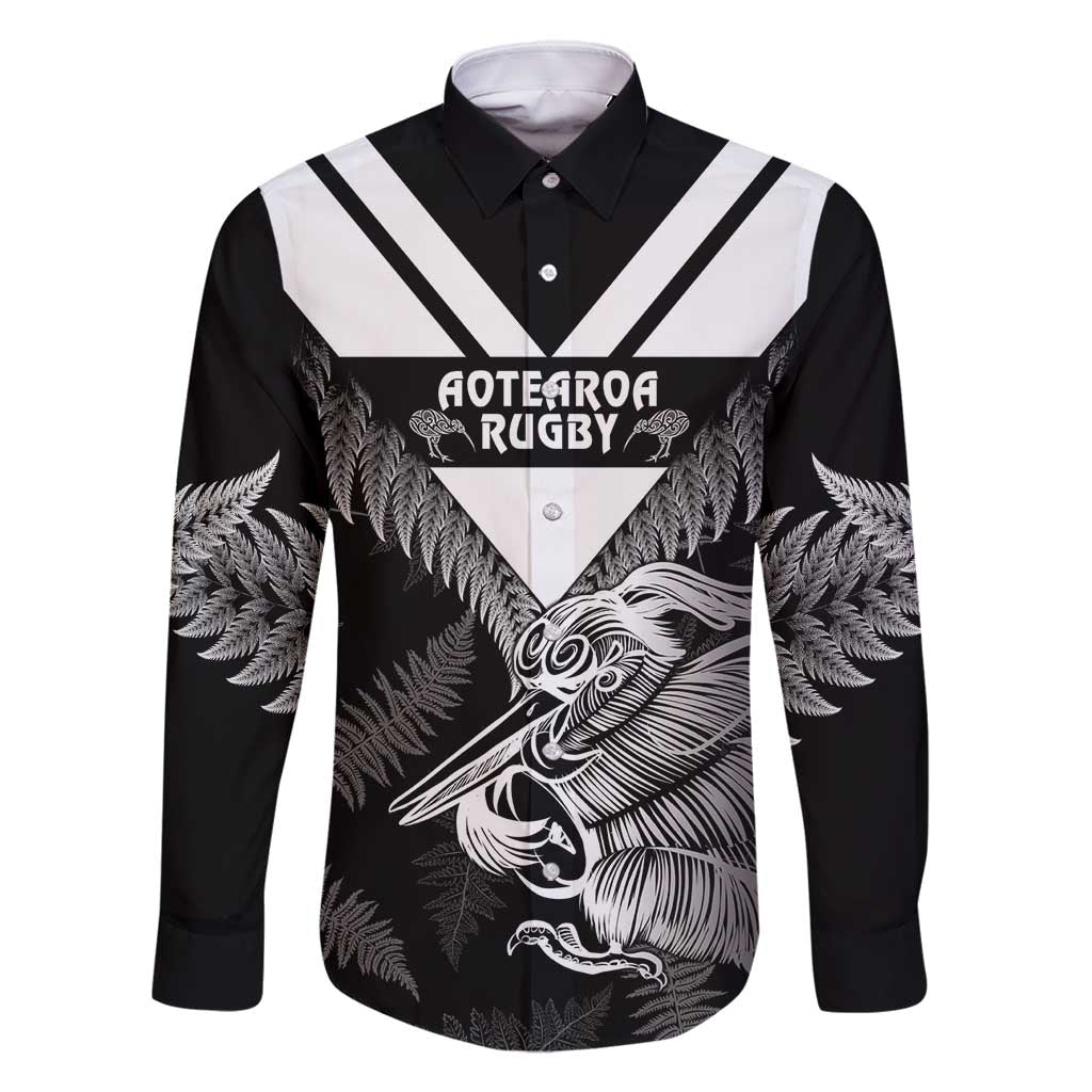 Aotearoa Silver Fern Rugby Custom Family Matching Mermaid Dress and Hawaiian Shirt 2024 Go Kiwi LT14 Dad's Shirt - Long Sleeve Black - Polynesian Pride