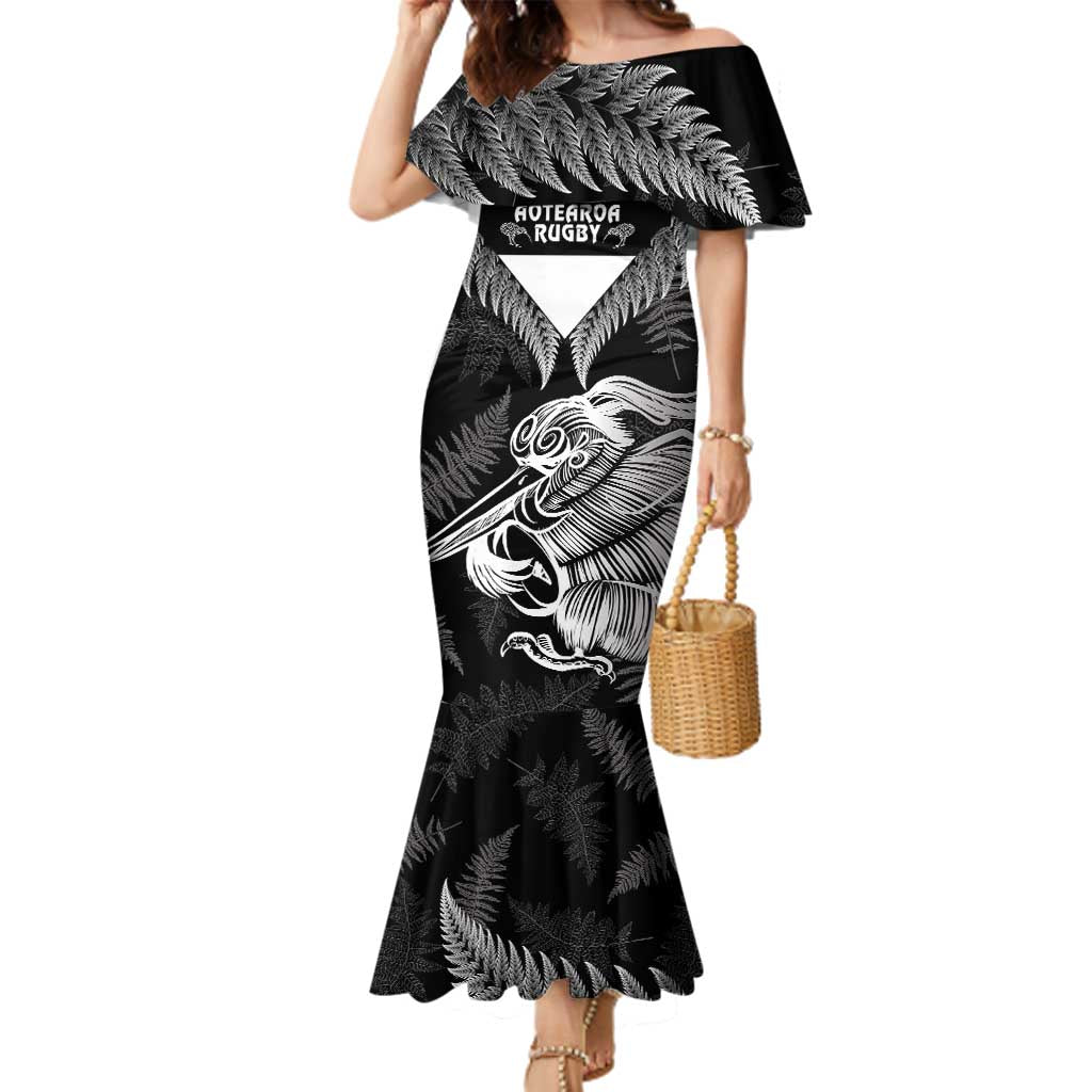 Aotearoa Silver Fern Rugby Custom Family Matching Mermaid Dress and Hawaiian Shirt 2024 Go Kiwi LT14 Mom's Dress Black - Polynesian Pride
