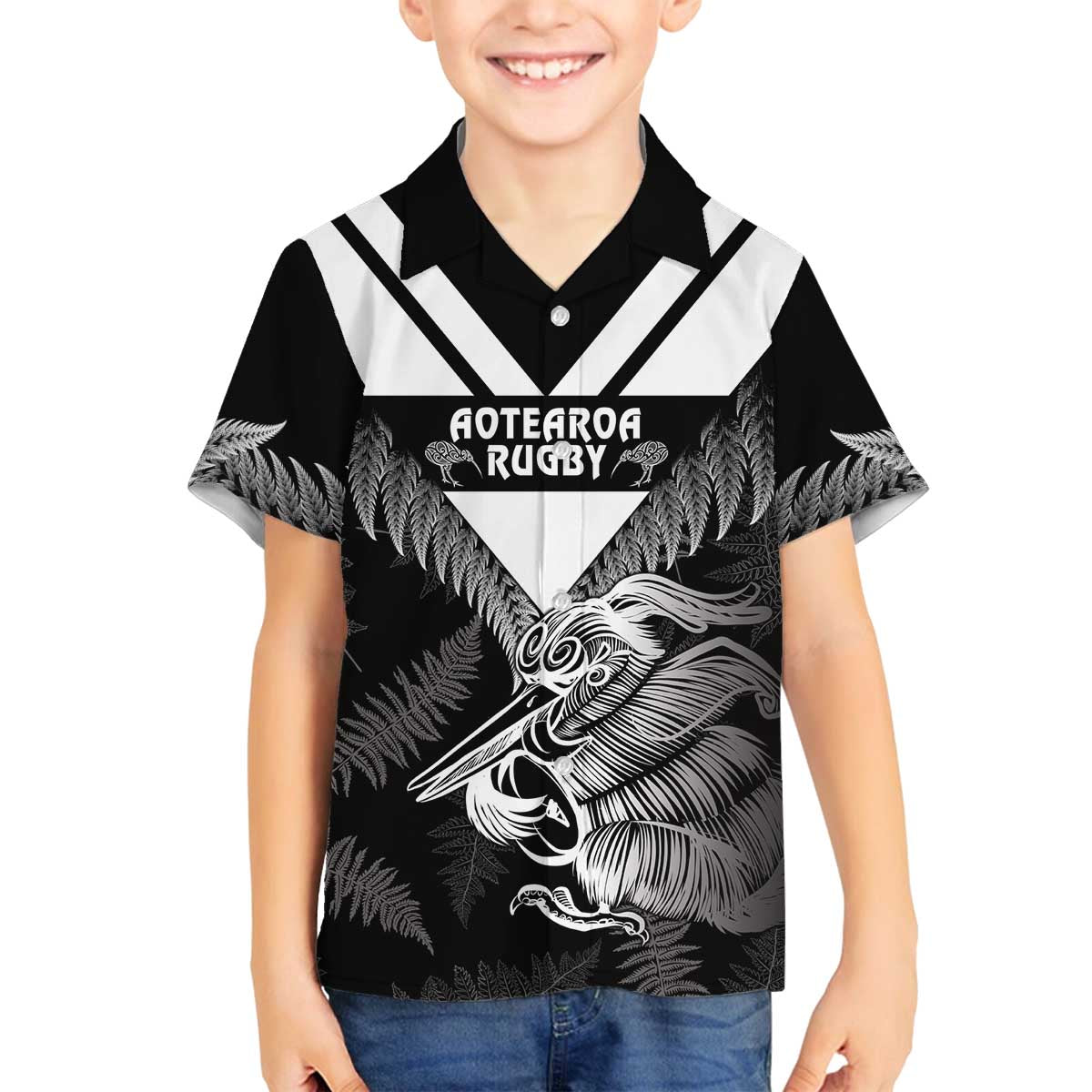 Aotearoa Silver Fern Rugby Custom Family Matching Off The Shoulder Long Sleeve Dress and Hawaiian Shirt 2024 Go Kiwi LT14 Son's Shirt Black - Polynesian Pride