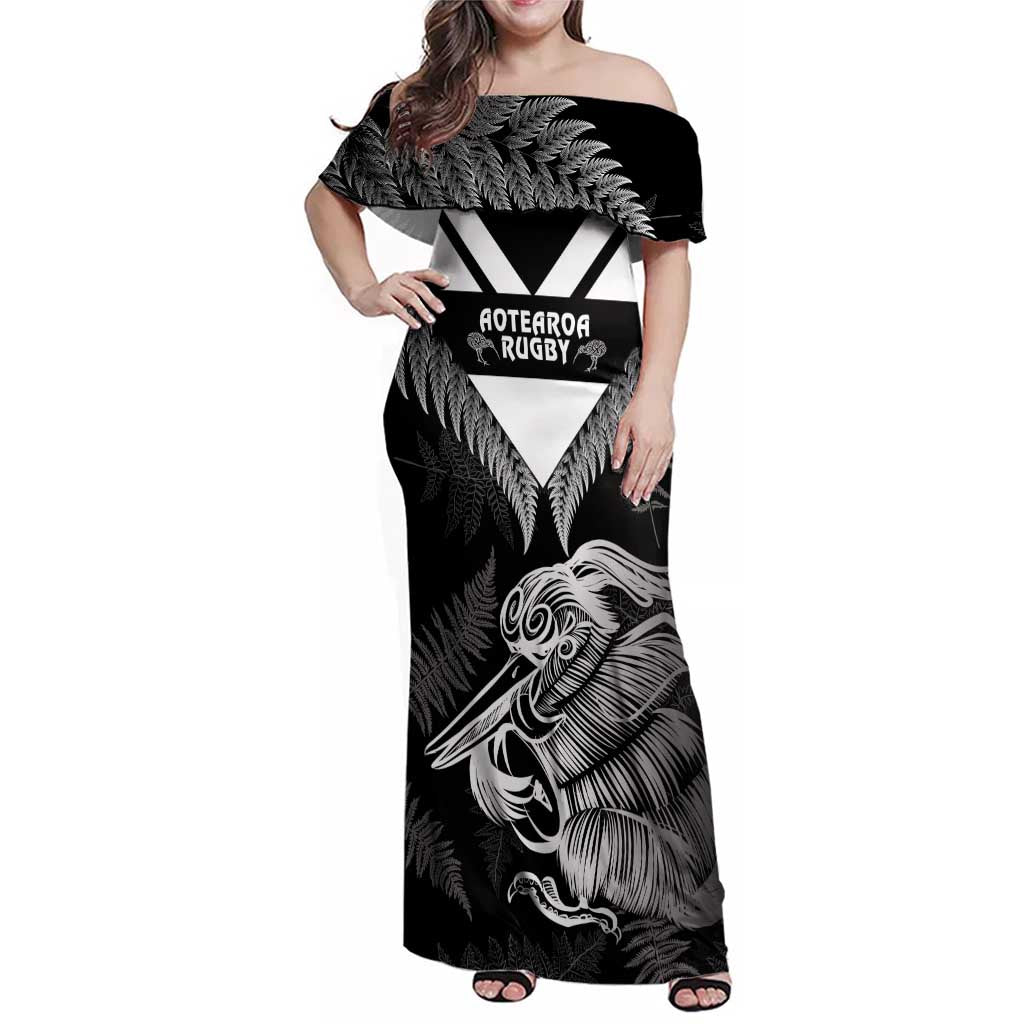 Aotearoa Silver Fern Rugby Custom Family Matching Off Shoulder Maxi Dress and Hawaiian Shirt 2024 Go Kiwi LT14 Mom's Dress Black - Polynesian Pride