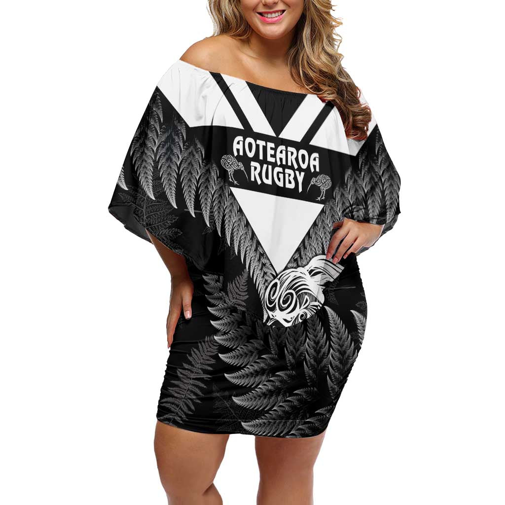 Aotearoa Silver Fern Rugby Custom Family Matching Off Shoulder Short Dress and Hawaiian Shirt 2024 Go Kiwi LT14 Mom's Dress Black - Polynesian Pride