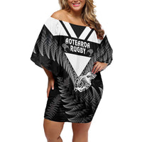 Aotearoa Silver Fern Rugby Custom Family Matching Off Shoulder Short Dress and Hawaiian Shirt 2024 Go Kiwi LT14 Mom's Dress Black - Polynesian Pride