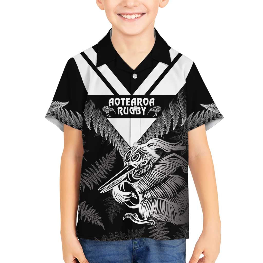 Aotearoa Silver Fern Rugby Custom Family Matching Off Shoulder Short Dress and Hawaiian Shirt 2024 Go Kiwi LT14 Son's Shirt Black - Polynesian Pride