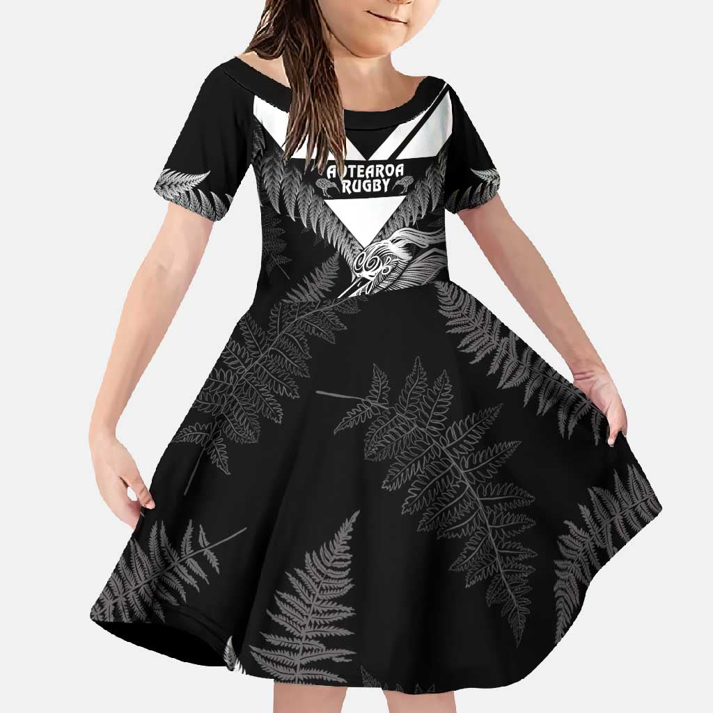 Aotearoa Silver Fern Rugby Custom Family Matching Short Sleeve Bodycon Dress and Hawaiian Shirt 2024 Go Kiwi LT14 Daughter's Dress Black - Polynesian Pride