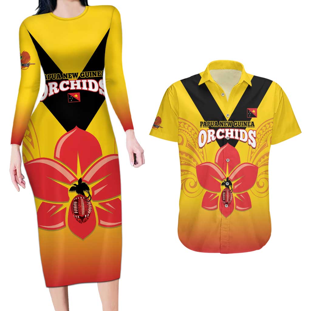 Orchids PNG Rugby Custom Couples Matching Long Sleeve Bodycon Dress and Hawaiian Shirt Go Champions Papua New Guinea LT14 Yellow - Polynesian Pride