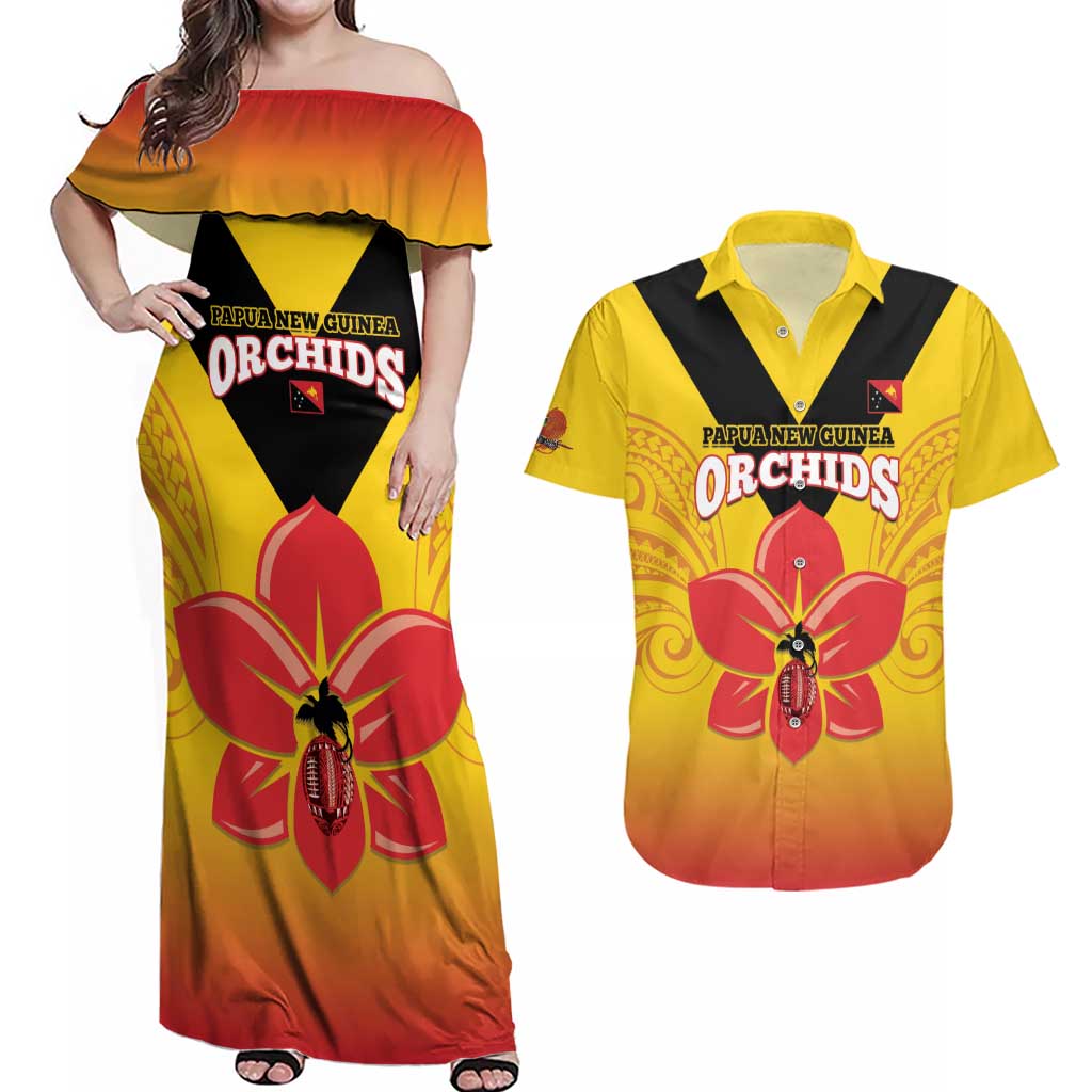 Orchids PNG Rugby Custom Couples Matching Off Shoulder Maxi Dress and Hawaiian Shirt Go Champions Papua New Guinea LT14 Yellow - Polynesian Pride
