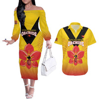 Orchids PNG Rugby Custom Couples Matching Off The Shoulder Long Sleeve Dress and Hawaiian Shirt Go Champions Papua New Guinea LT14 Yellow - Polynesian Pride