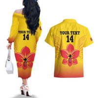 Orchids PNG Rugby Custom Couples Matching Off The Shoulder Long Sleeve Dress and Hawaiian Shirt Go Champions Papua New Guinea LT14 - Polynesian Pride