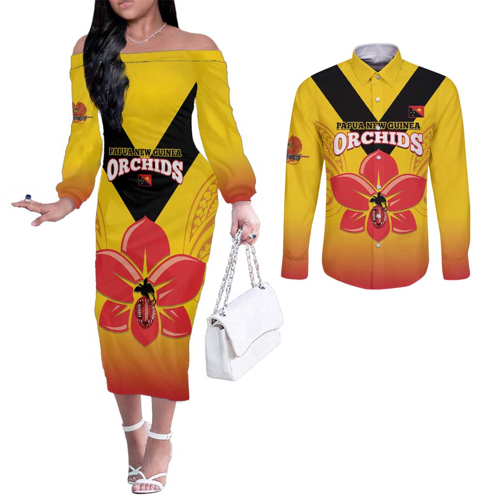 Orchids PNG Rugby Custom Couples Matching Off The Shoulder Long Sleeve Dress and Long Sleeve Button Shirt Go Champions Papua New Guinea LT14 Yellow - Polynesian Pride