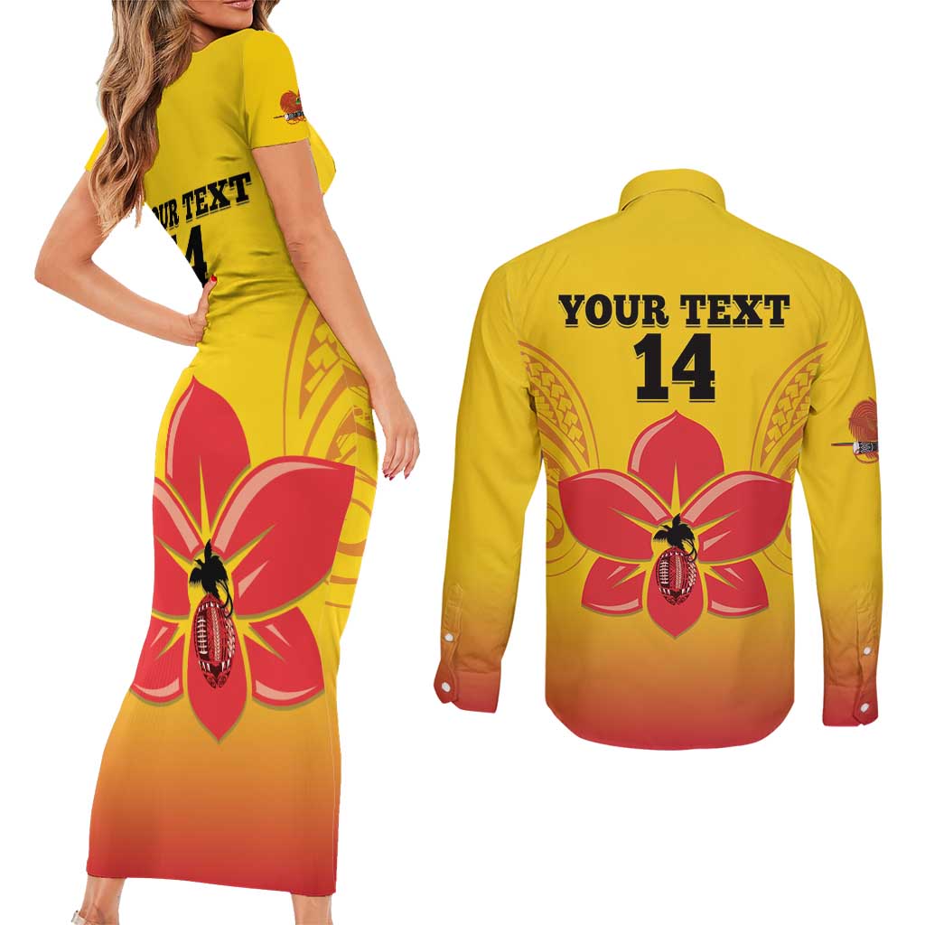Orchids PNG Rugby Custom Couples Matching Short Sleeve Bodycon Dress and Long Sleeve Button Shirt Go Champions Papua New Guinea LT14 - Polynesian Pride