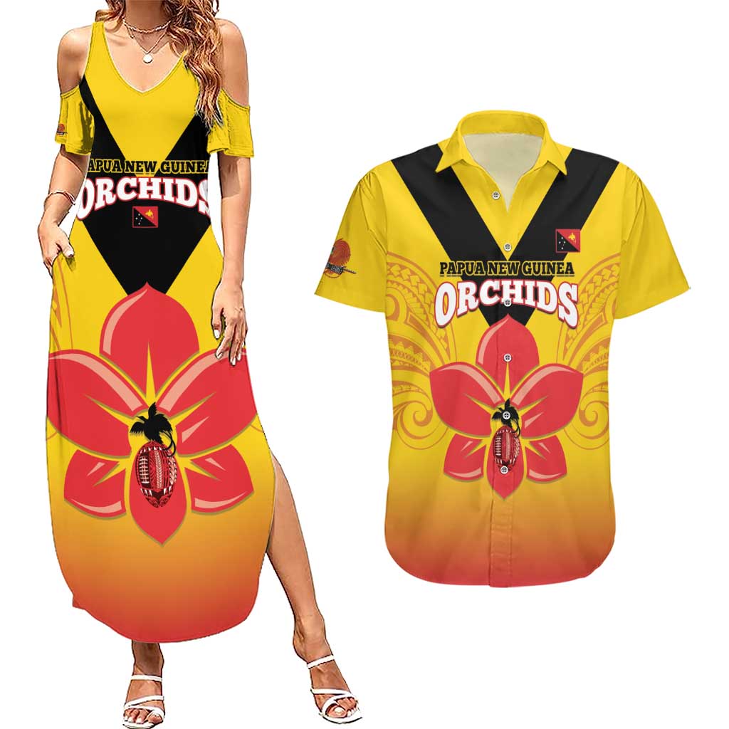 Orchids PNG Rugby Custom Couples Matching Summer Maxi Dress and Hawaiian Shirt Go Champions Papua New Guinea LT14 Yellow - Polynesian Pride