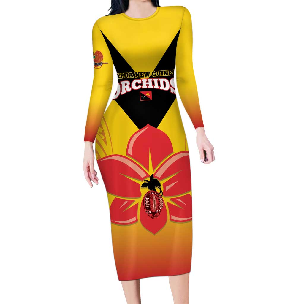Orchids PNG Rugby Custom Family Matching Long Sleeve Bodycon Dress and Hawaiian Shirt Go Champions Papua New Guinea LT14 Mom's Dress Yellow - Polynesian Pride