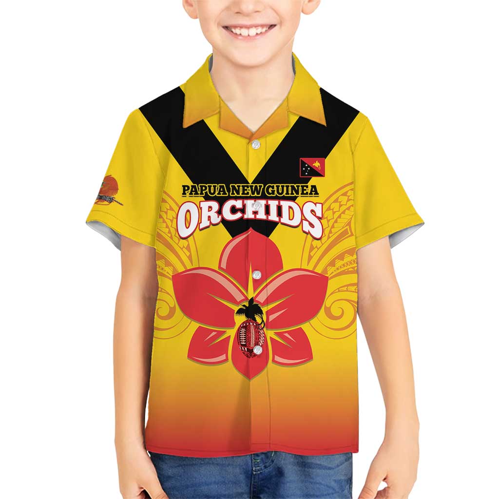 Orchids PNG Rugby Custom Family Matching Long Sleeve Bodycon Dress and Hawaiian Shirt Go Champions Papua New Guinea LT14 Son's Shirt Yellow - Polynesian Pride