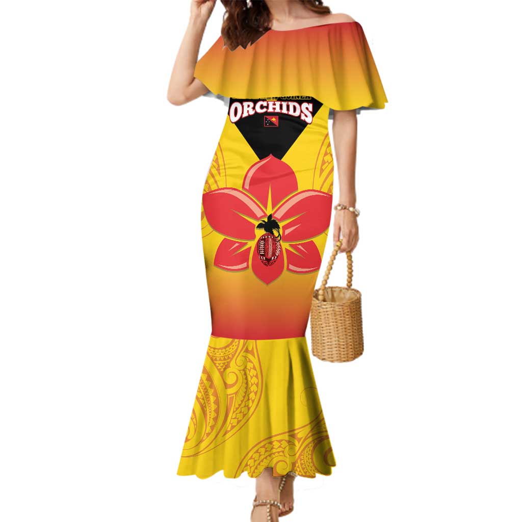 Orchids PNG Rugby Custom Family Matching Mermaid Dress and Hawaiian Shirt Go Champions Papua New Guinea LT14 Mom's Dress Yellow - Polynesian Pride