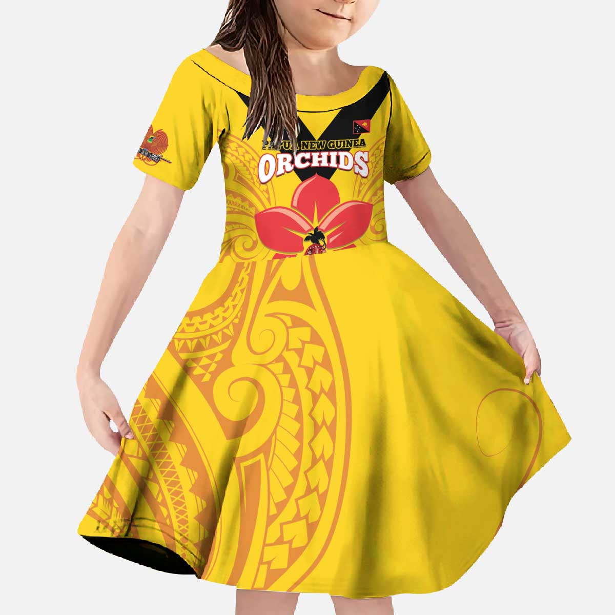 Orchids PNG Rugby Custom Family Matching Off The Shoulder Long Sleeve Dress and Hawaiian Shirt Go Champions Papua New Guinea LT14 Daughter's Dress Yellow - Polynesian Pride