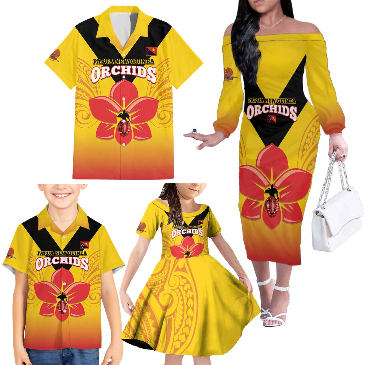 Orchids PNG Rugby Custom Family Matching Off The Shoulder Long Sleeve Dress and Hawaiian Shirt Go Champions Papua New Guinea LT14 - Polynesian Pride