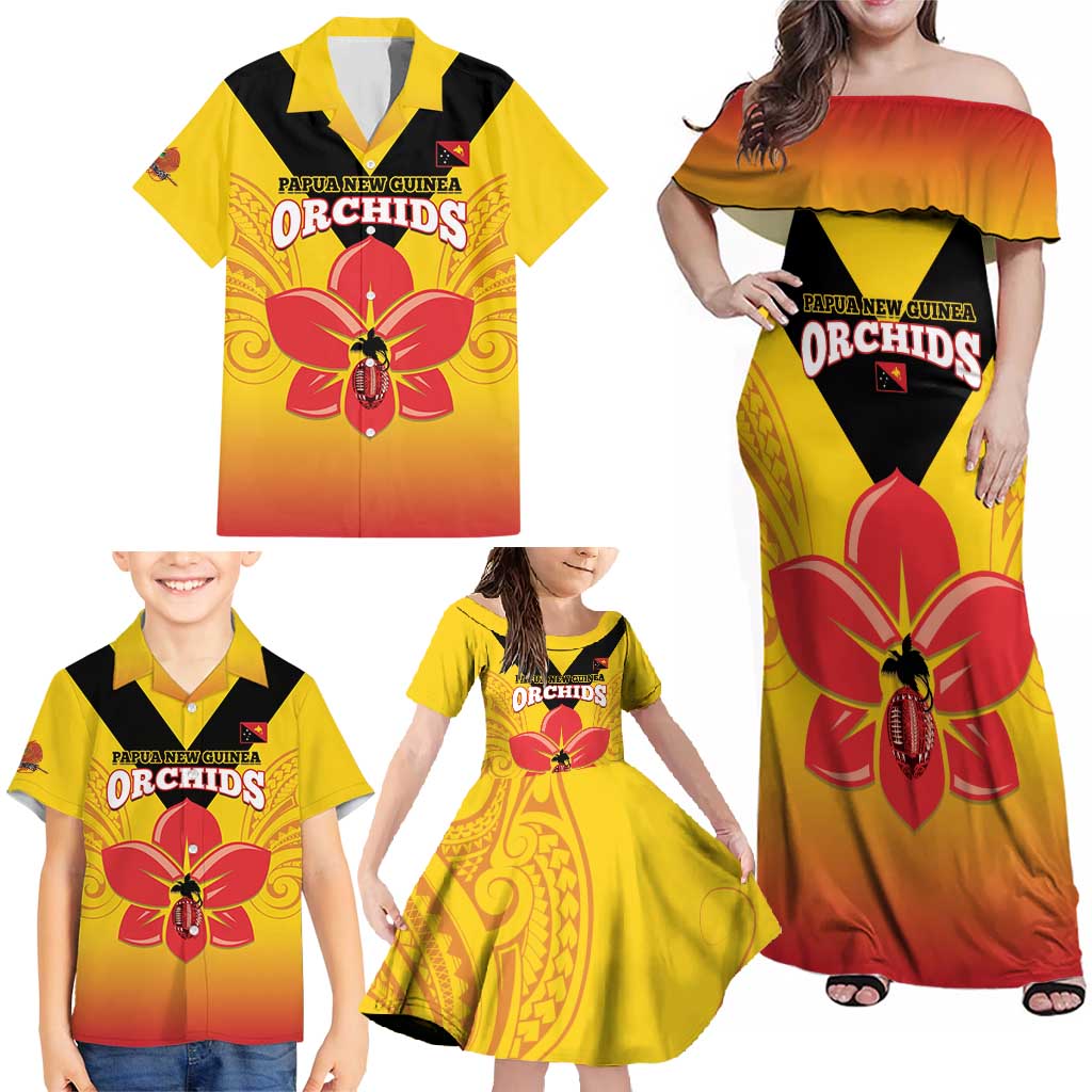 Orchids PNG Rugby Custom Family Matching Off Shoulder Maxi Dress and Hawaiian Shirt Go Champions Papua New Guinea LT14 - Polynesian Pride