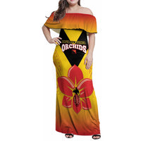 Orchids PNG Rugby Custom Family Matching Off Shoulder Maxi Dress and Hawaiian Shirt Go Champions Papua New Guinea LT14 Mom's Dress Yellow - Polynesian Pride