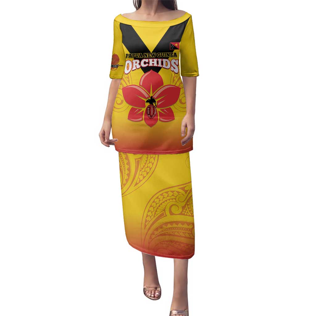 Orchids PNG Rugby Custom Family Matching Puletasi and Hawaiian Shirt Go Champions Papua New Guinea LT14 Mom's Dress Yellow - Polynesian Pride
